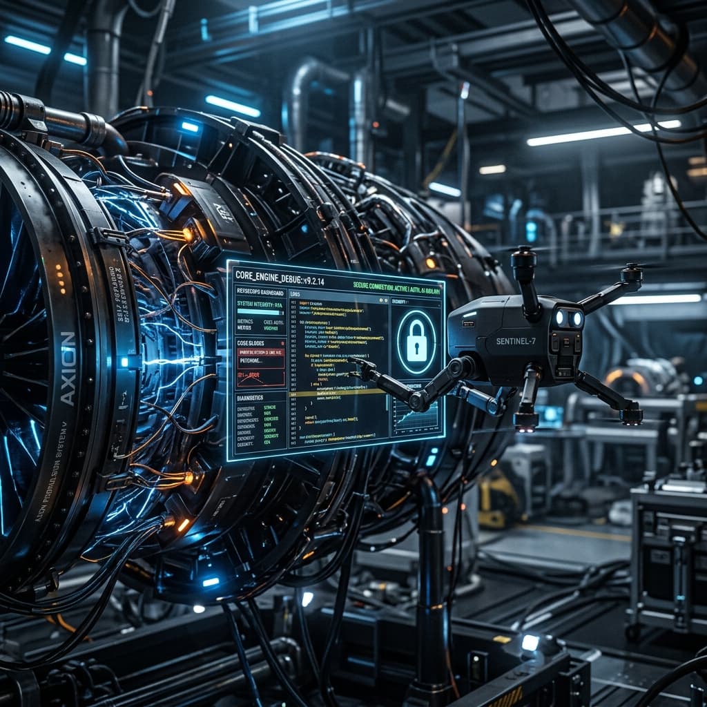 A self-repairing propulsion engine. An autonomous AI drone debugging the code on an interface with a secure connection lock.
