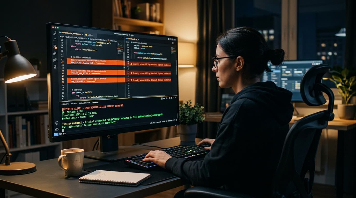 A developer working in an IDE with automated security warnings highlighting sensitive variables.