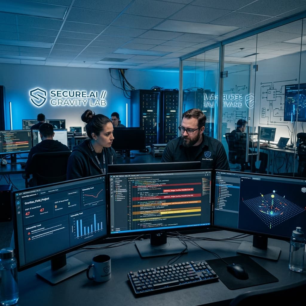 A clean lab where static analysis software (SAST) is highlighting security issues in AI-generated code for gravity fields.