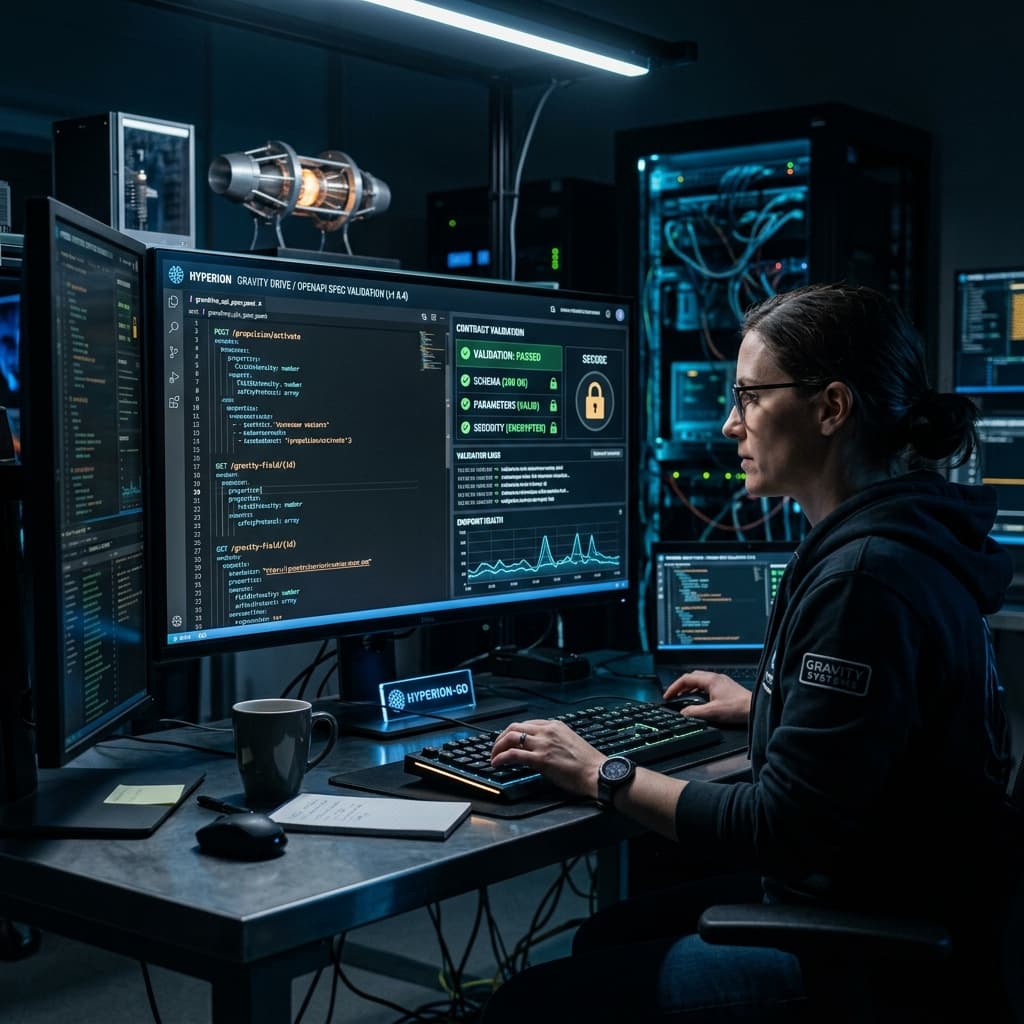 An engineer writing an OpenAPI spec for a gravity drive. Contract validation interface with secure lock icons.