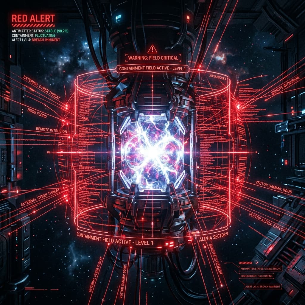 A glowing containment vessel holding volatile antimatter with red alert cyber threat vectors targeting the field.