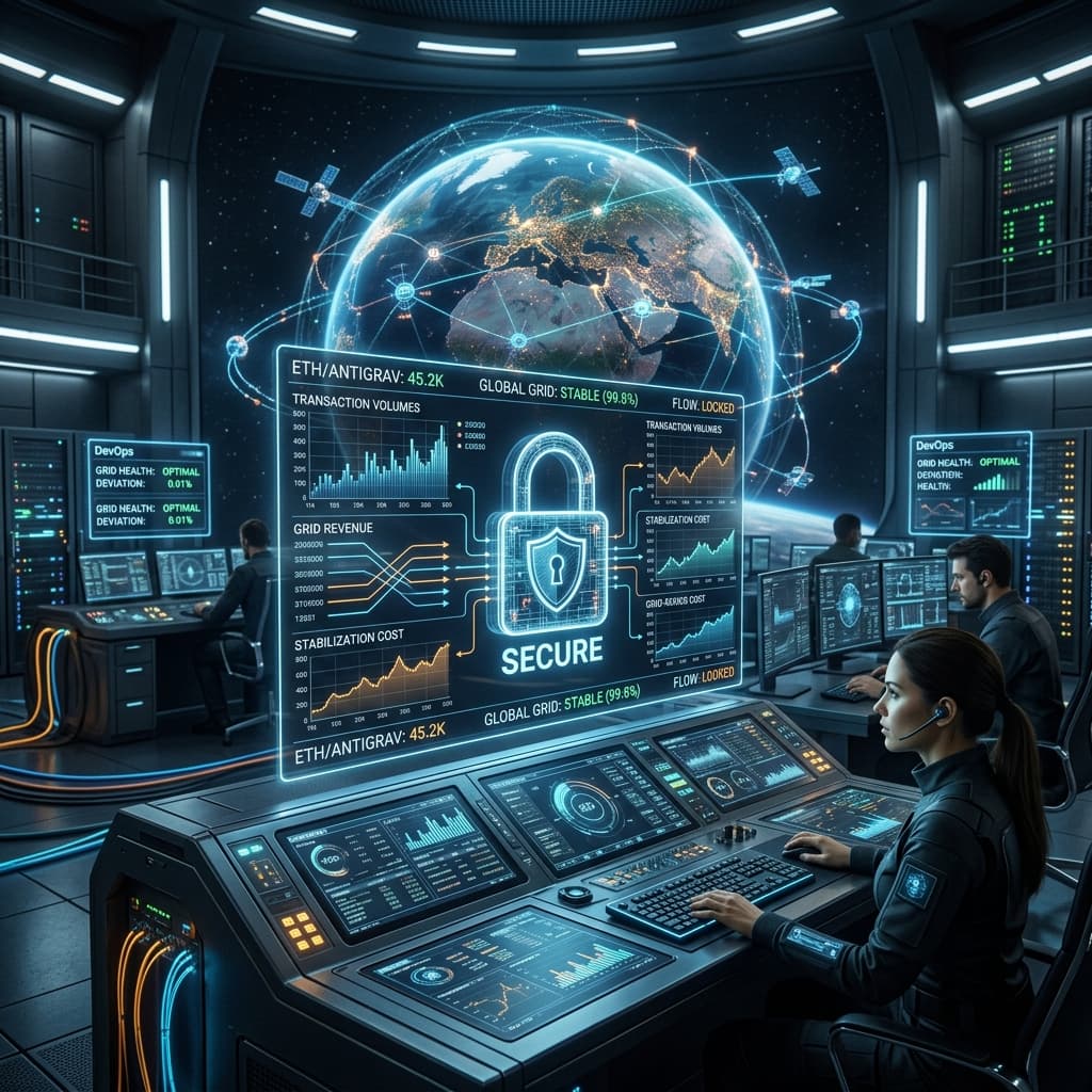 A futuristic control room monitoring a global antigravity grid. Holographic interface with secure lock icon over financial data streams.