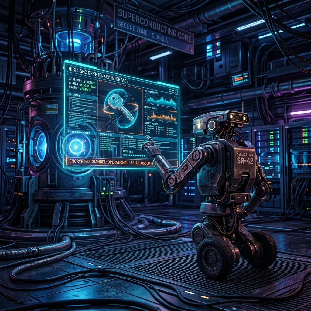 A service robot in a superconducting core room. A secure, floating cryptographic key interface on its holographic display.