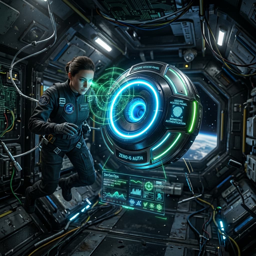 A futuristic biometric retinal scanner floating in a zero-gravity environment.