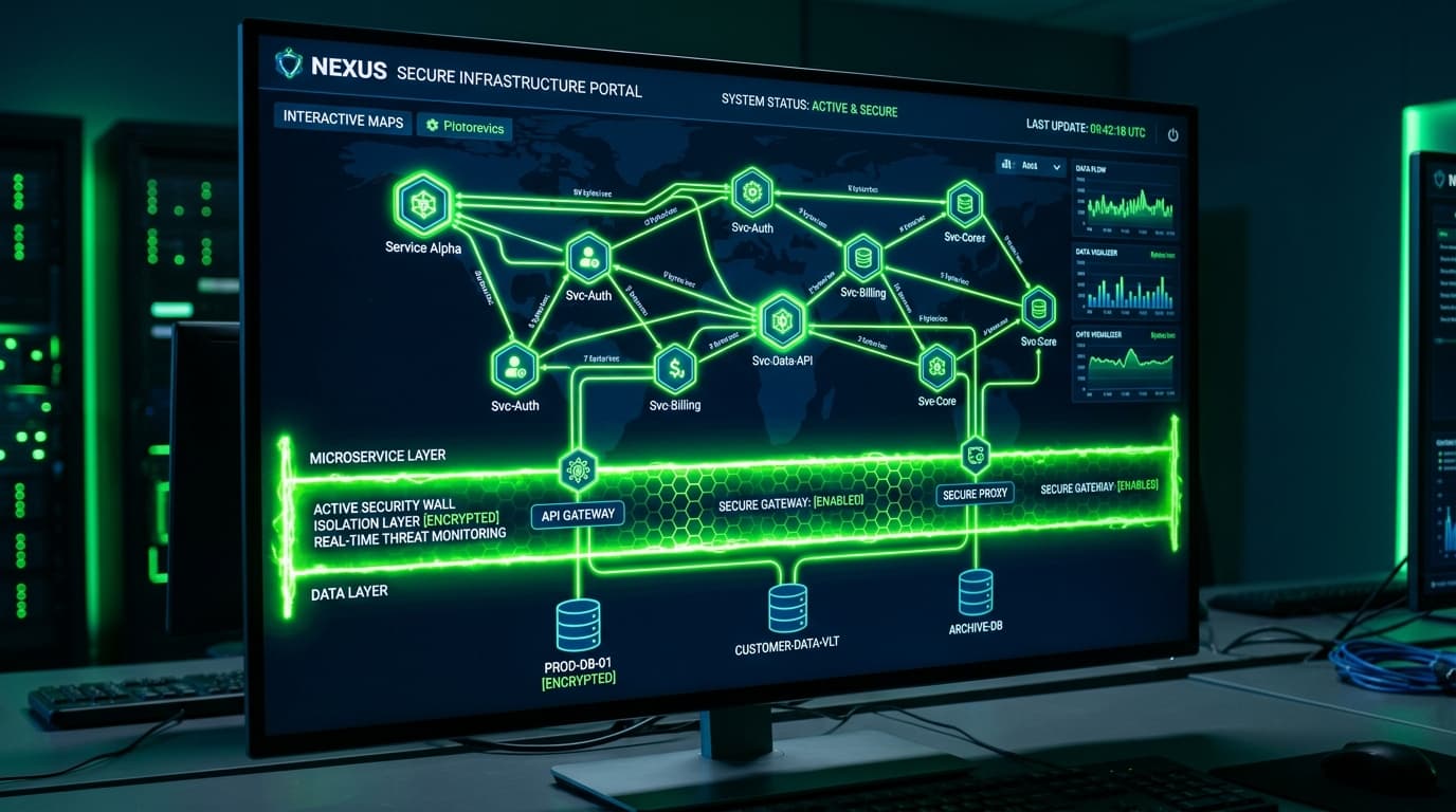 developer network dashboard showing secure machine-to-machine API integrations verified by an active firewall.