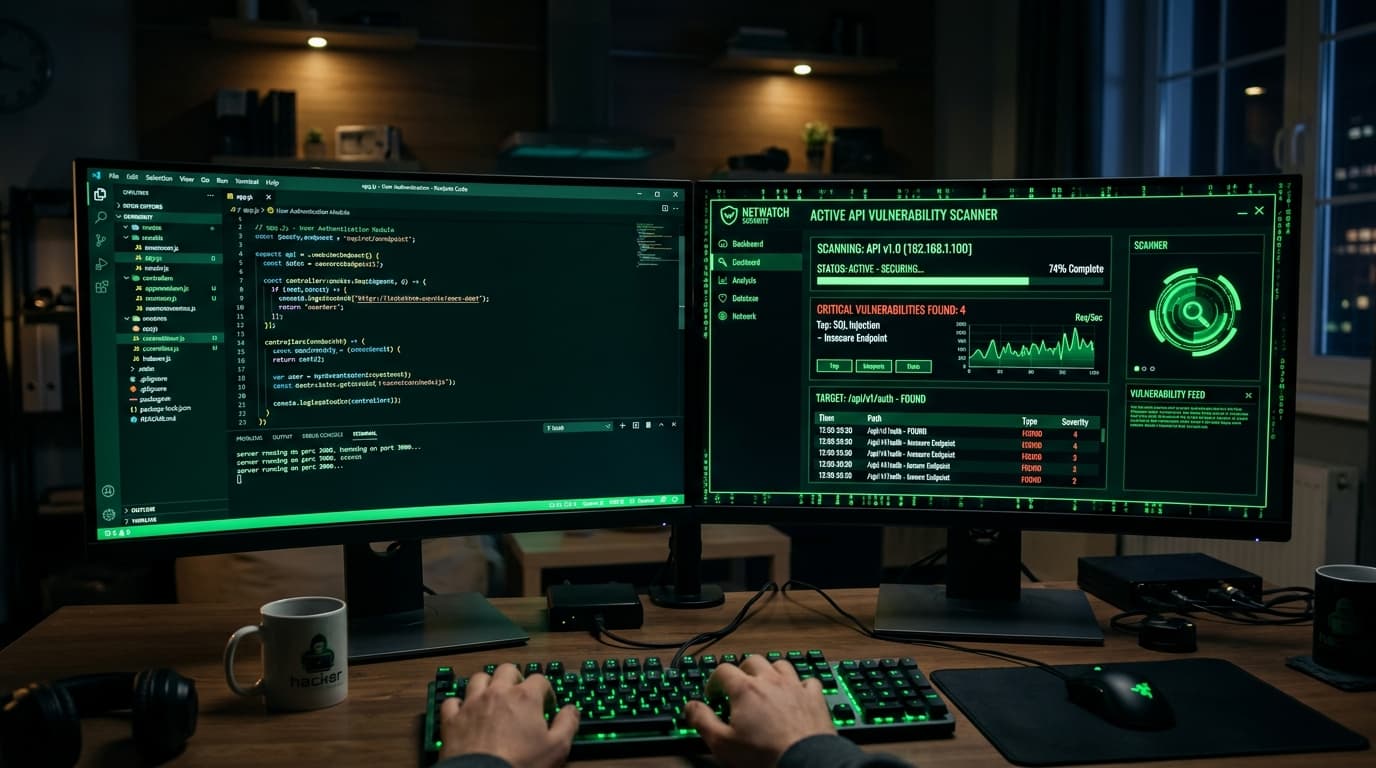 A screen showing a ChatGPT coding window side-by-side with an automated security scanning console detecting leaked tokens.