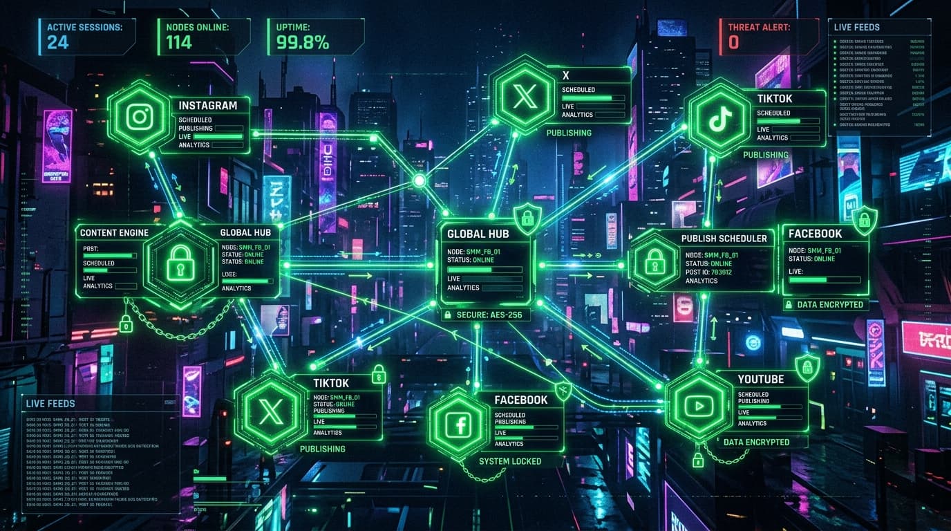 A digital marketing dashboard showing automated social campaigns being checked by an AI security scanner.