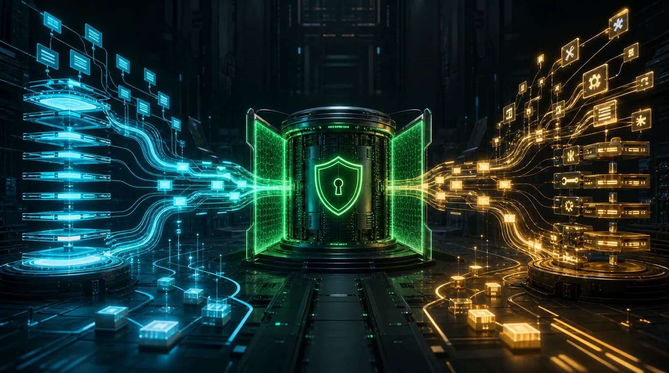 Cyan and gold coding-agent systems passing through a shared green repository security gate.
