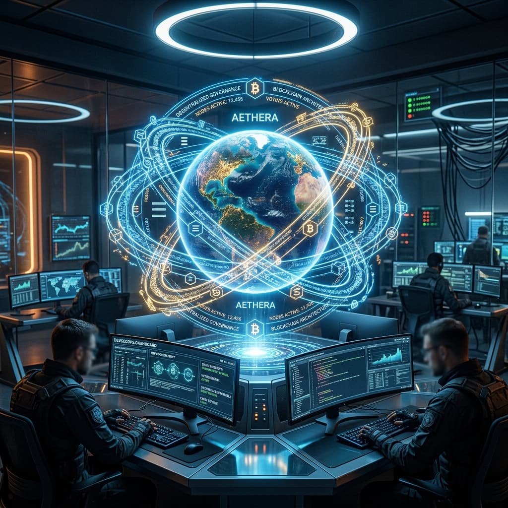 A holographic projection of a planet surrounded by interlocking, glowing cryptographic rings representing blockchain and decentralized governance.