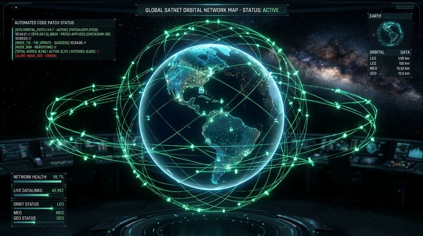 A schematic of an orbital satellite network showing automated code updates and security scans.