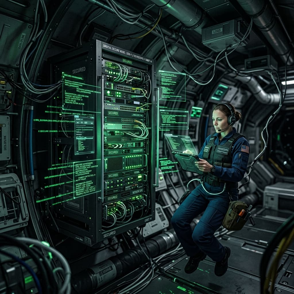 A high-tech orbital space station edge node server rack with green data streams.