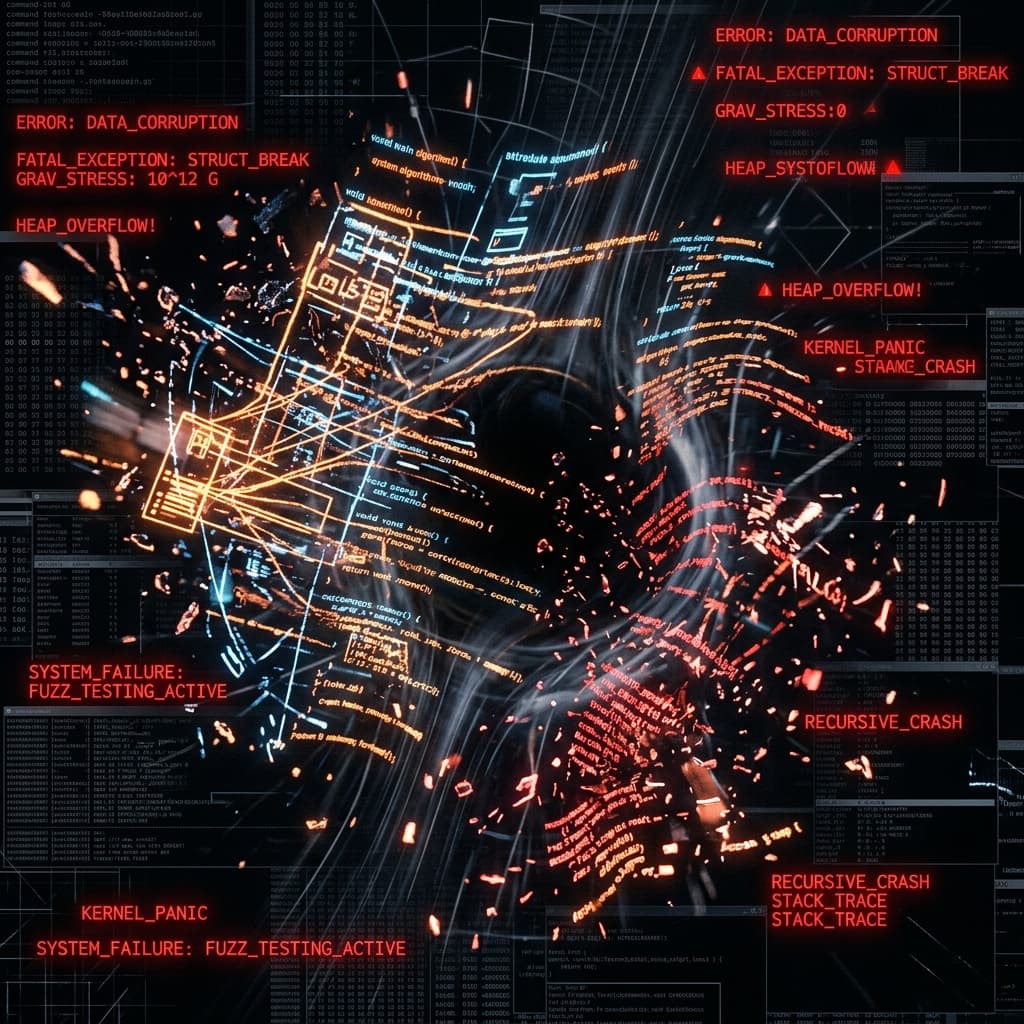 A highly abstract view of code breaking and reforming under intense gravitational stress, visualizing fuzz testing.