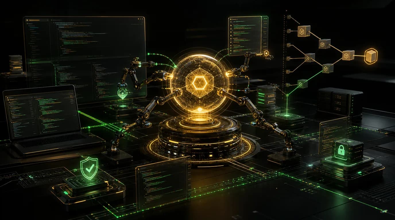 A gold autonomous coding intelligence coordinating repository tools through green security checkpoints.
