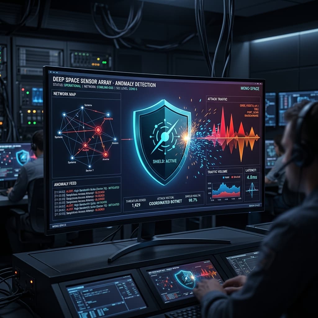 A deep space sensor array. An 'Anomaly Detection' dashboard with a large shield icon deflecting attack traffic.