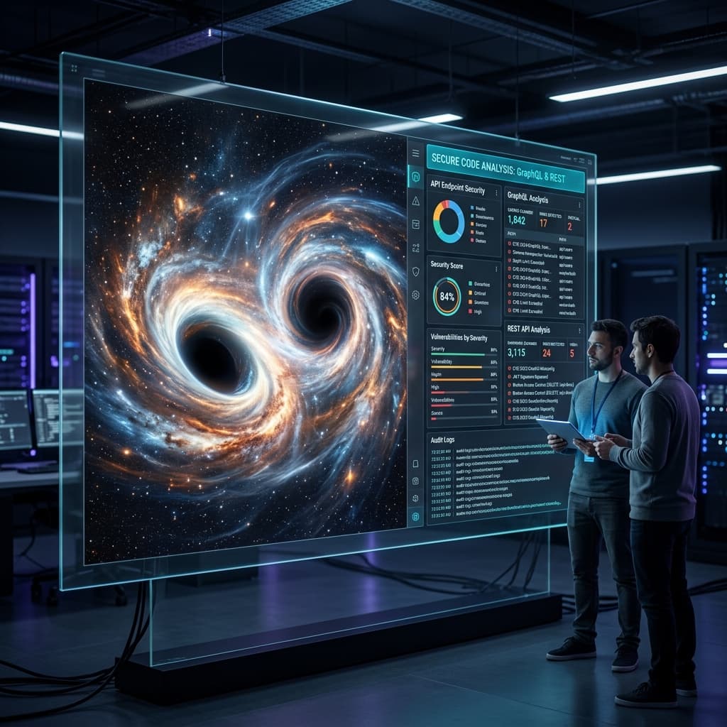 A simulation of colliding black holes on a giant transparent screen. Secure code analysis panel showing security analysis for GraphQL and REST calls.