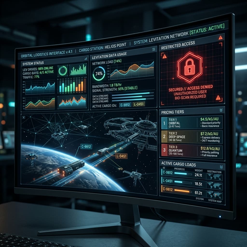 A spaceport interface for a levitating cargo system. Displays pricing tiers, data usage, and a 'RESTRICTED ACCESS' lock symbol.
