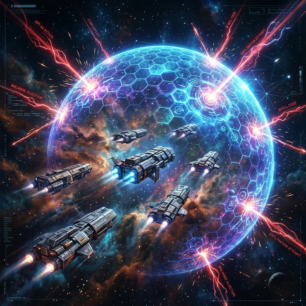A glowing hexagonal shield protecting a fleet of futuristic cargo ships traveling through a cosmic dust cloud, with APT vectors bouncing off.