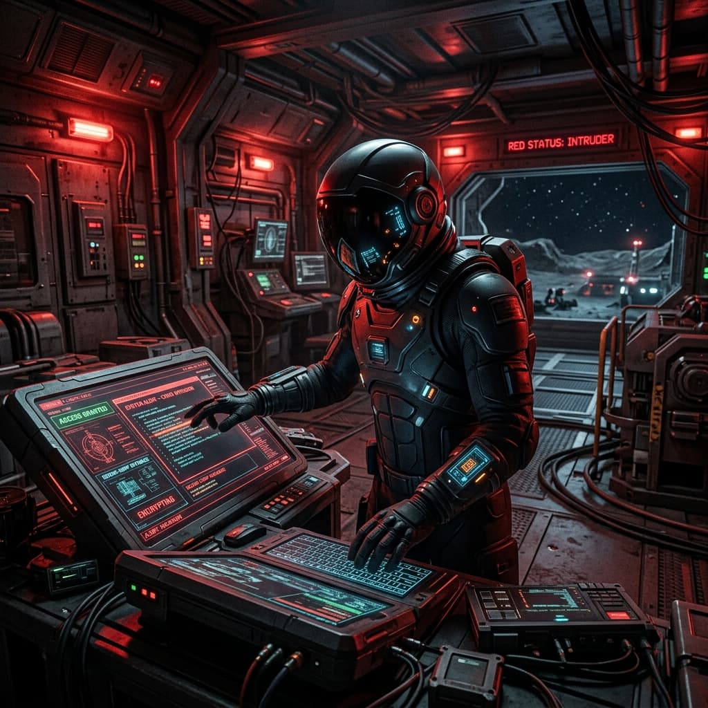 A shadowy figure in a sleek space suit interacting with a high-tech console in a dimly lit extraterrestrial colony base.