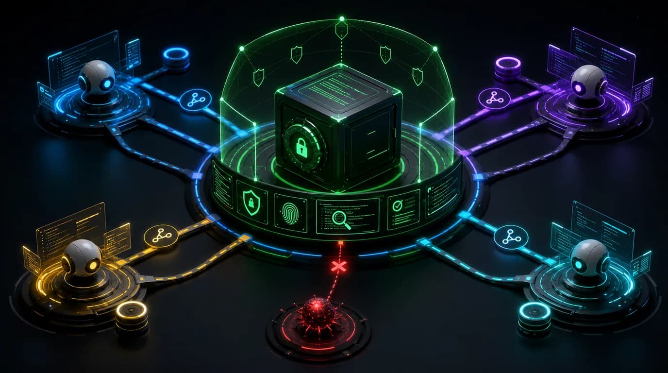 Multiple coding agents connected to a protected repository control plane that blocks a malicious path.