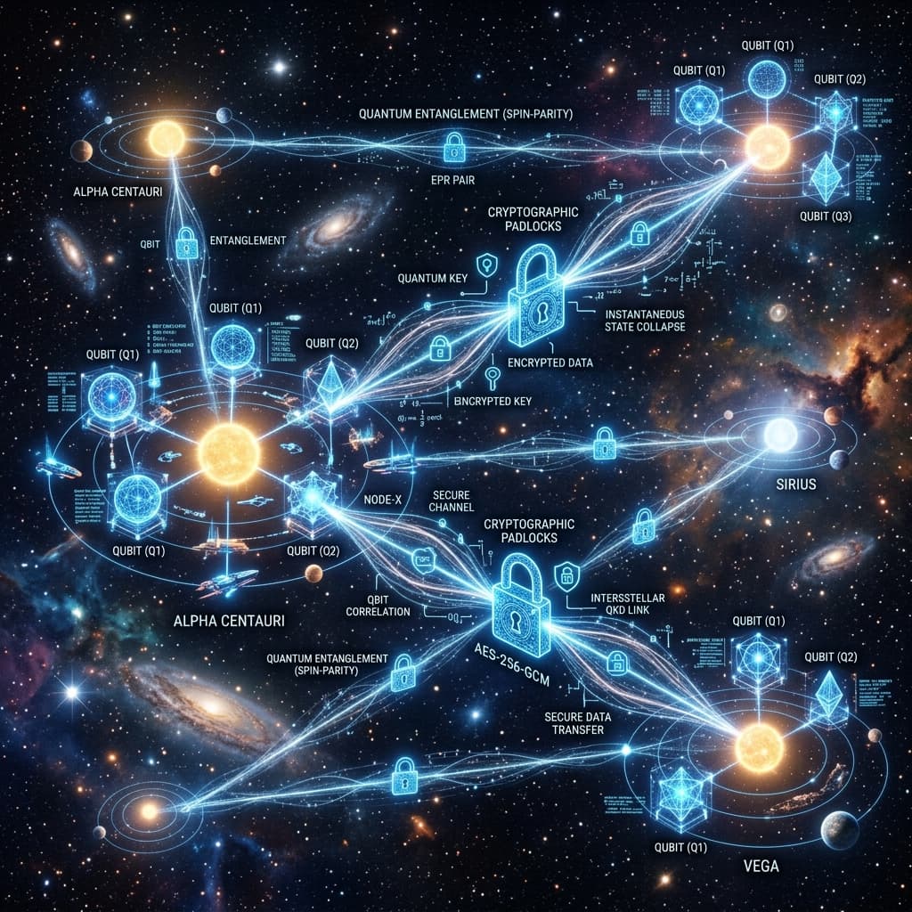 A visualization of quantum entanglement spanning across stars with cryptographic padlocks.