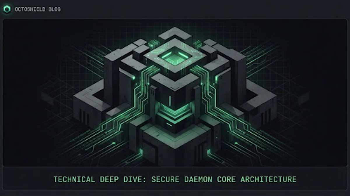 A highly detailed, modern brutalist digital illustration representing a secure server daemon core. The scene is dominated by deep blacks and dark grays, illuminated by stark, precise terminal green glowing circuitry and data streams. Minimalist geometric structures create a sense of imposing security and high-performance digital sovereignty.