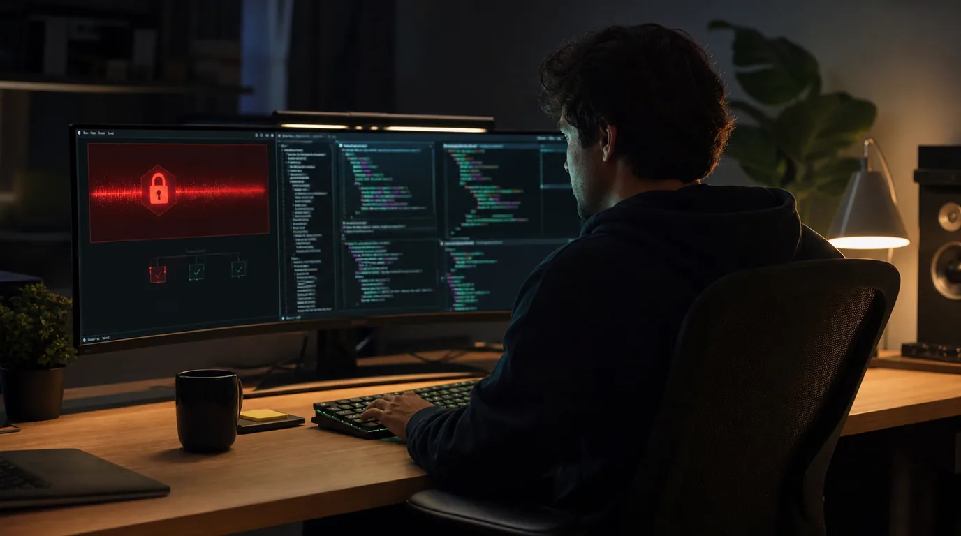 A solo developer catching an exposed credential warning while building with an AI coding agent.