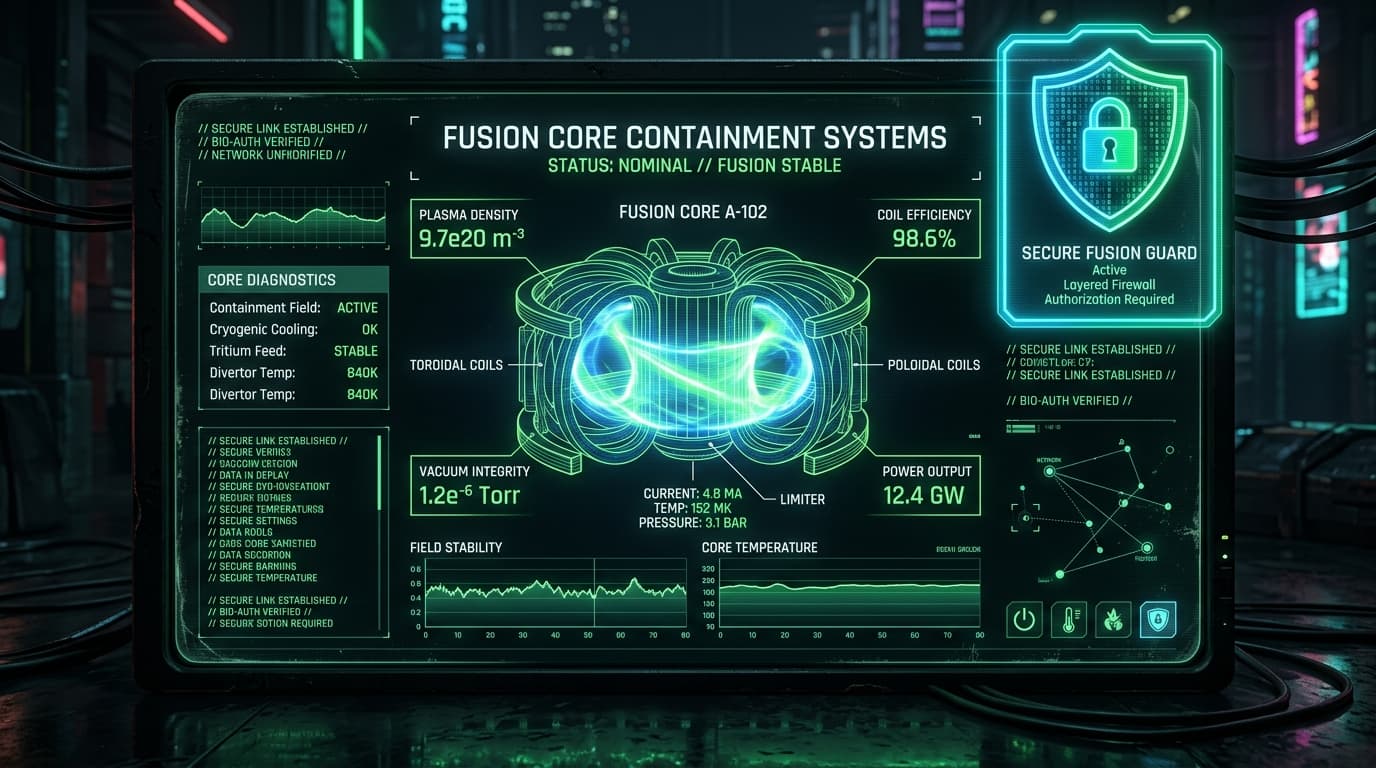 A holographic control system representing fusion core reactors, with a secure software protection shield.