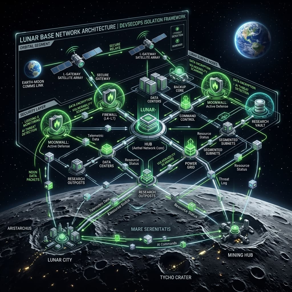 A sprawling lunar base network architecture diagram floating in space with futuristic firewalls.