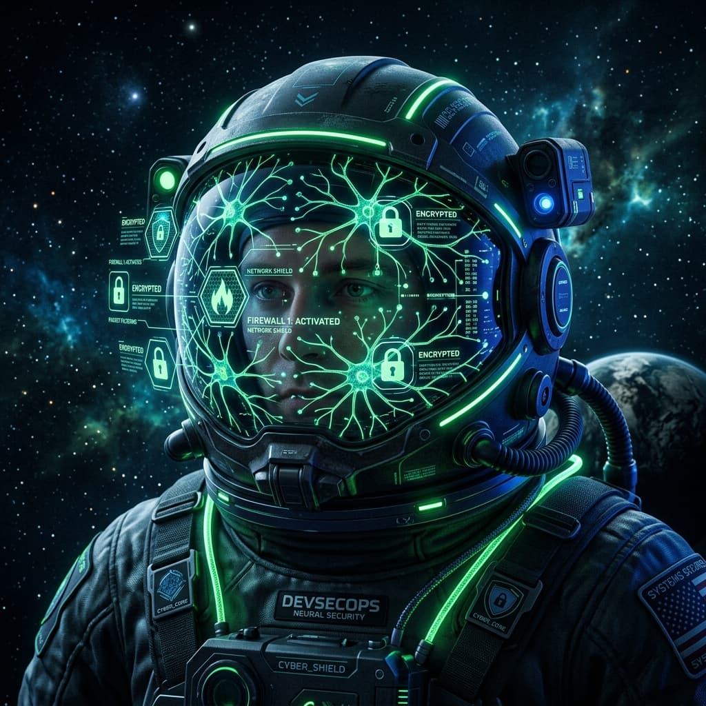 A futuristic astronaut helmet with glowing neural pathways overlay, visualized with cryptographic locks.
