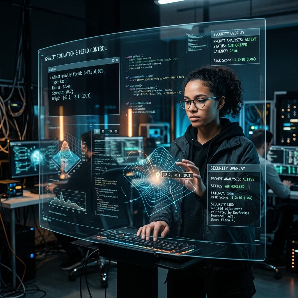 A developer using natural language to adjust gravity fields on a transparent screen. Security overlay showing real-time prompt analysis.