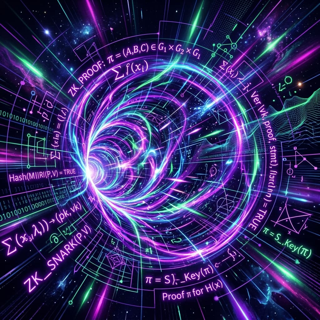 Abstract visual representing faster-than-light travel through a wormhole with cryptic zero-knowledge mathematical proofs floating along the edges.