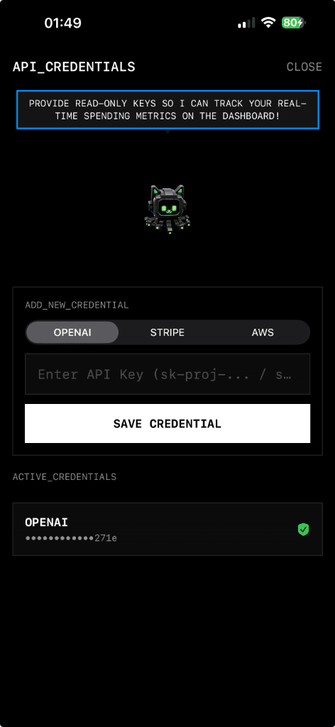 Manage monitored API credentials Octoshield API credential management screen