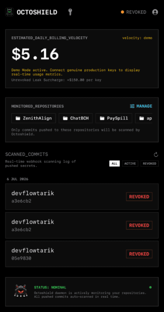Octoshield real-time API key monitoring dashboard Octoshield Dashboard