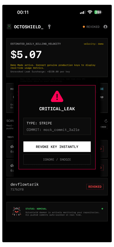 Critical exposed credential alert Octoshield critical API key leak alert screen