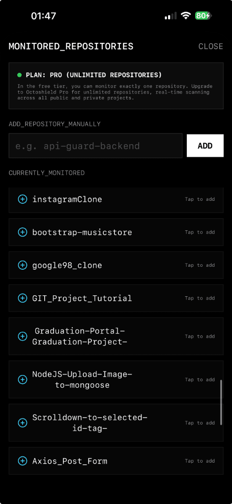 Choose repositories for secret scanning Octoshield monitored GitHub repositories screen