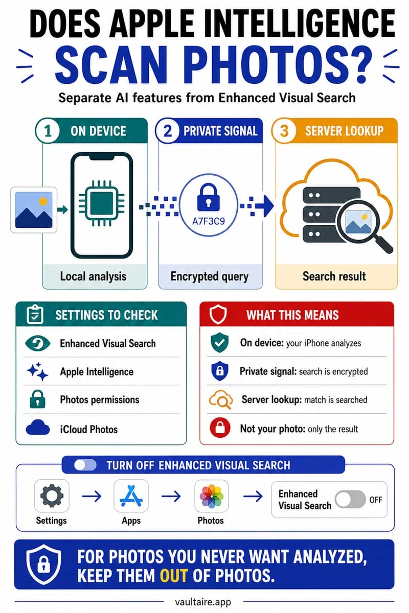 Illustration of iOS Apple Intelligence indexing the Photos app vs isolated local vault storage