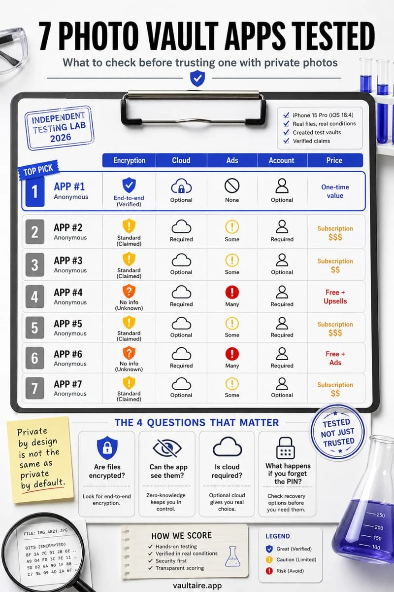 Comparison matrix of the 7 best iPhone photo vault apps in 2026 ranked by encryption and offline architecture
