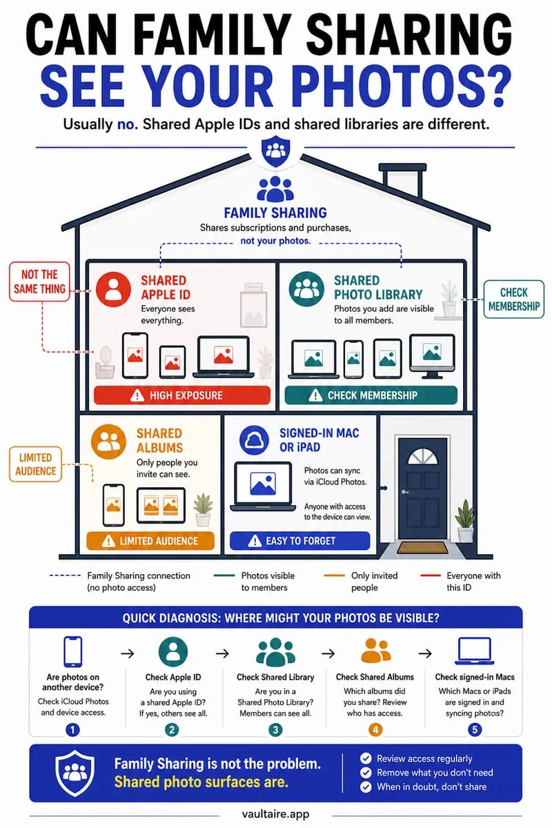 Diagram showing privacy boundaries between iCloud Family Sharing storage and personal Hidden album