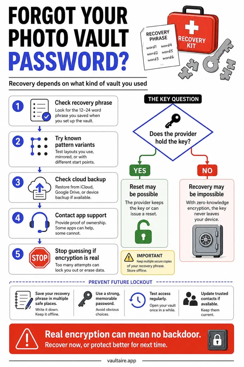 Flowchart explaining password recovery options across Apple Hidden Album, cloud vaults, and local encrypted vaults