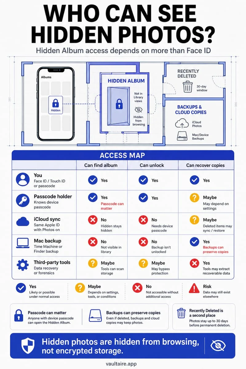 Diagram showing where hidden photos go on iPhone in Collections Utilities Hidden and who can access them