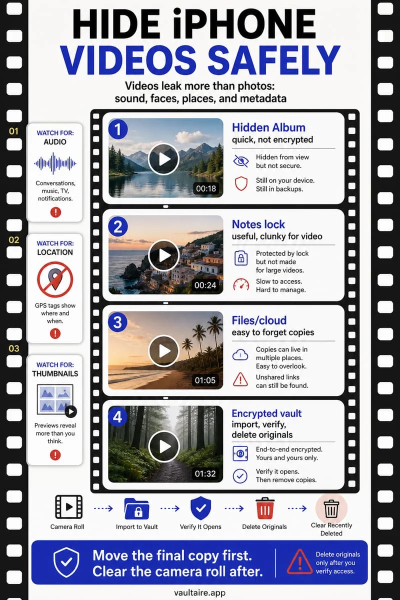 Hiding private videos on iPhone using the built-in Hidden album vs Octoshield's chunked AES-256-GCM video vault