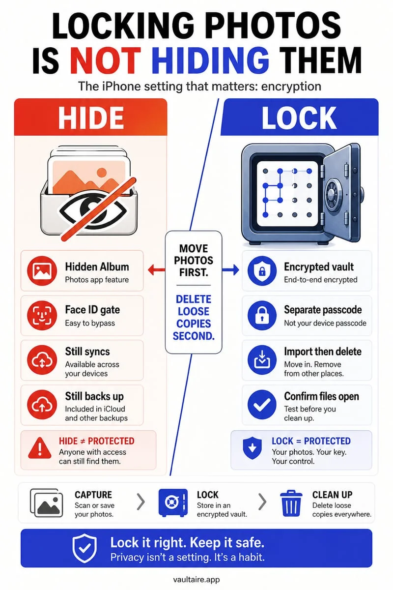 iPhone screen comparison showing the Apple Photos Hidden album lock next to Octoshield's AES-256-GCM encrypted vault lock screen