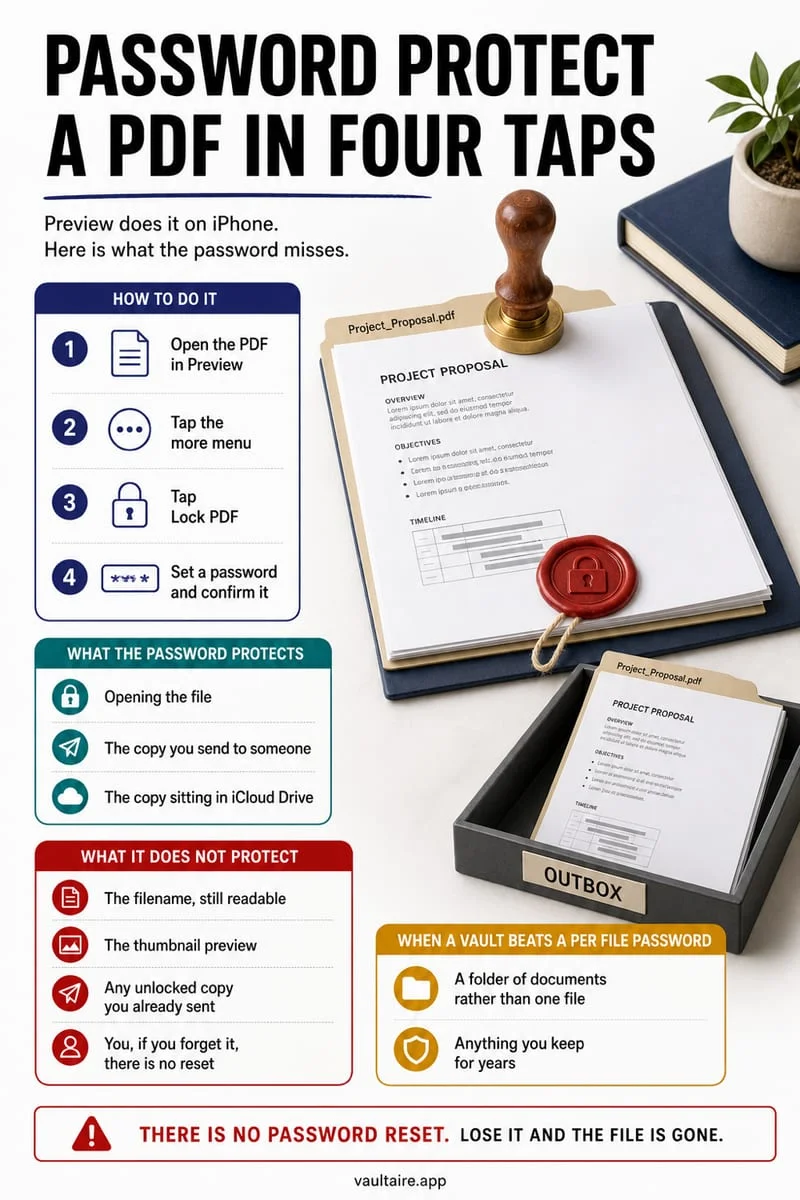iPhone screen showing how to lock and password protect a PDF file in the Files app vs an encrypted vault