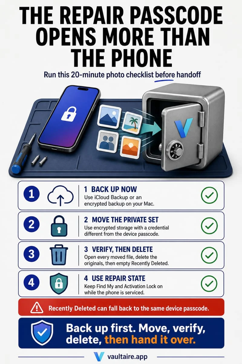 Pre-repair iPhone privacy checklist showing how to secure private photos in Octoshield before service