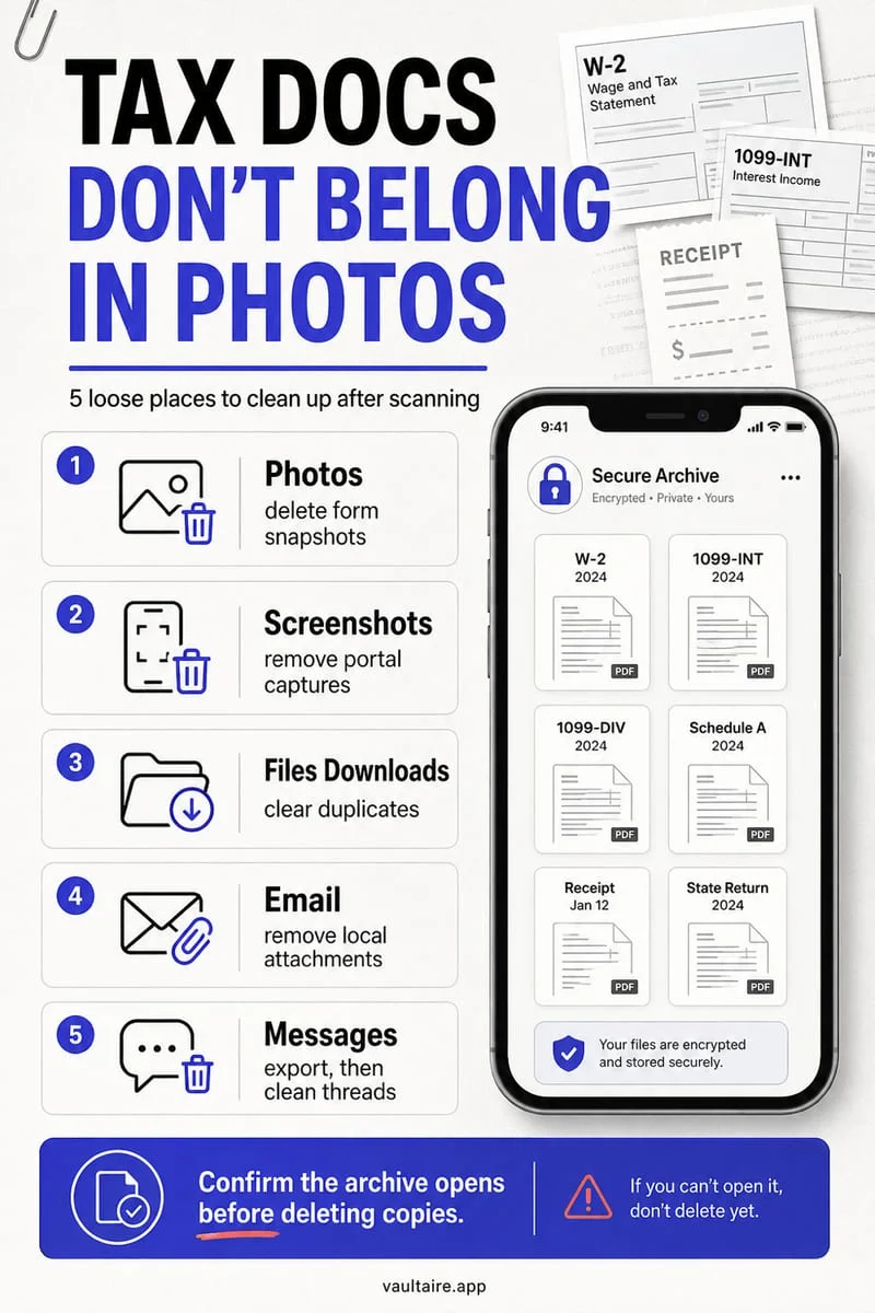iPhone displaying encrypted tax return and financial PDF documents inside Octoshield File Vault