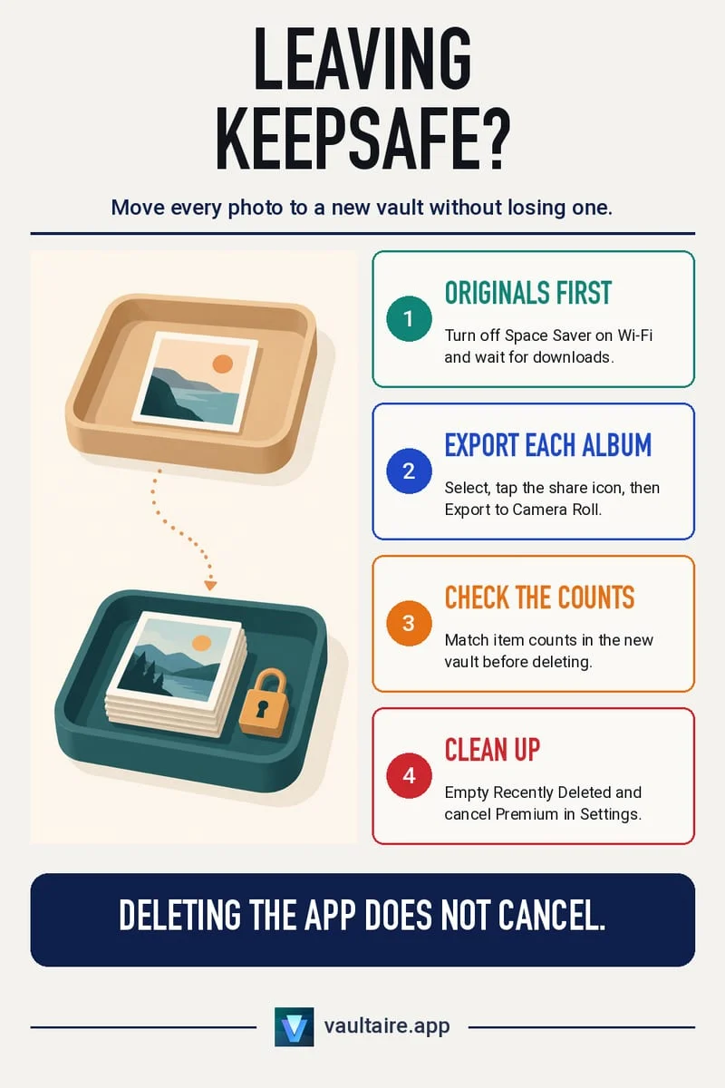 Migration guide showing how to export photos from Keepsafe and import them into Octoshield local encrypted vault