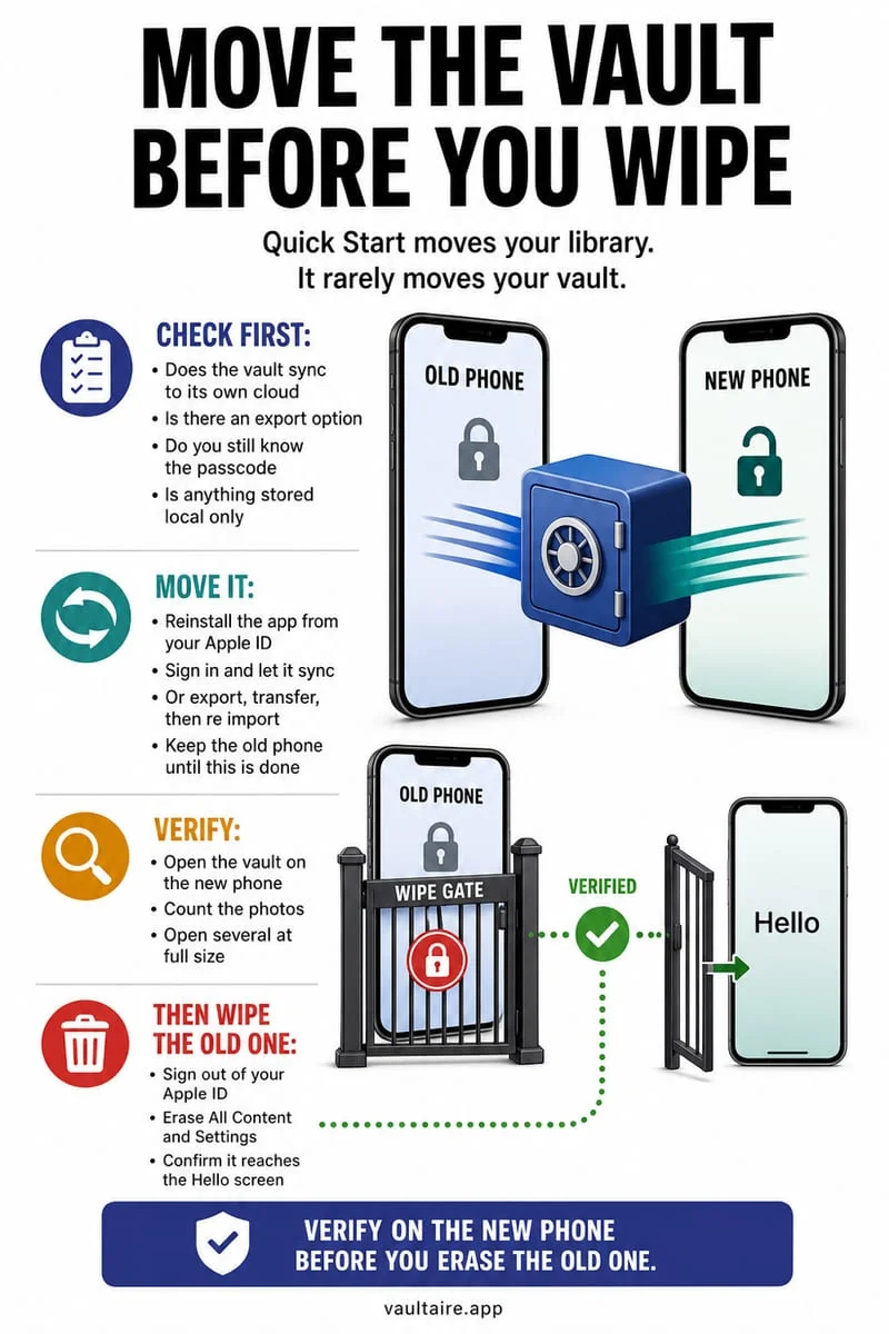 Step-by-step migration workflow transferring an encrypted photo vault from an old iPhone to a new iPhone