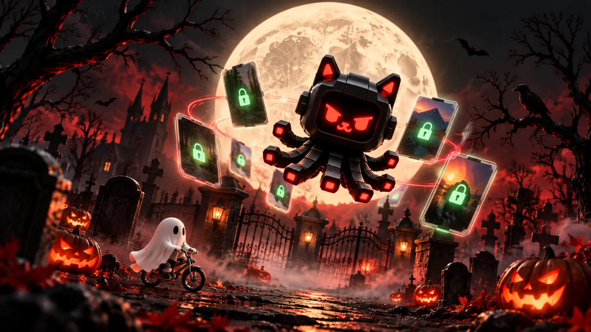 OctoShield robotic octopus-cat mascot guarding floating encrypted photo cards in a moonlit Halloween graveyard surrounded by glowing carved pumpkins and mist