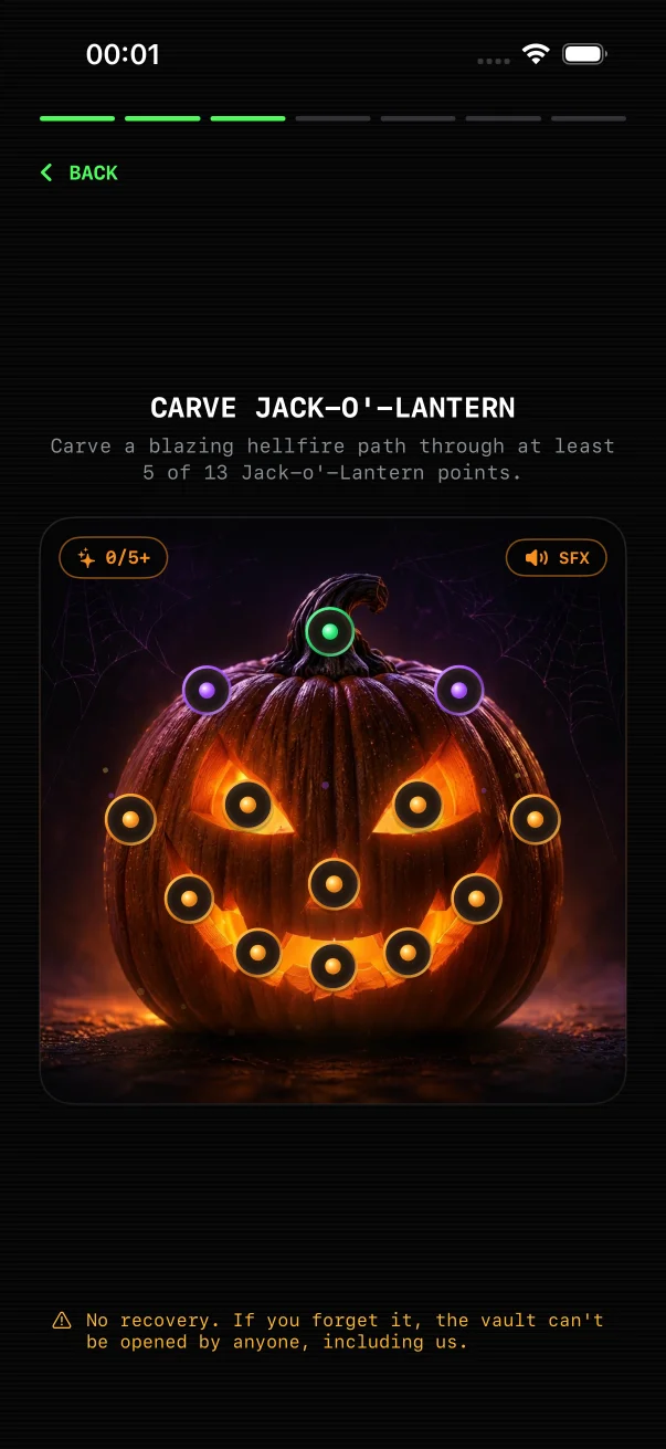Authentic OctoShield iOS screenshot showing the Carve Jack-o'-Lantern lock screen with 13 glowing points across a 3D pumpkin