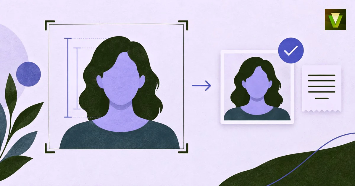 Biometric 2x2 passport portrait crop with head-height and eye-level alignment guides